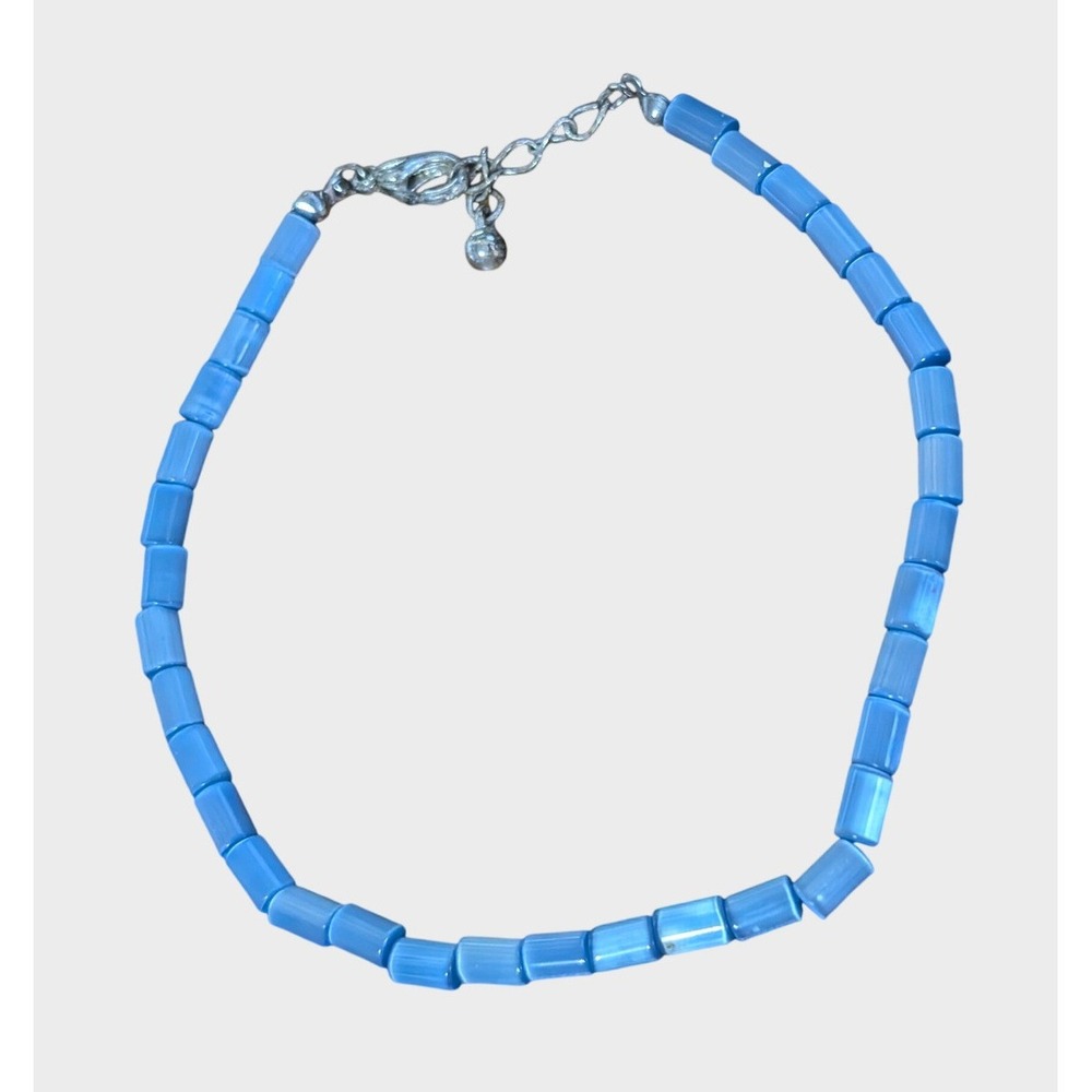 Vintage Beaded Bracelet Anklet Blue Fiber Optic Cat Eye Tube Bead Adjustable 90s